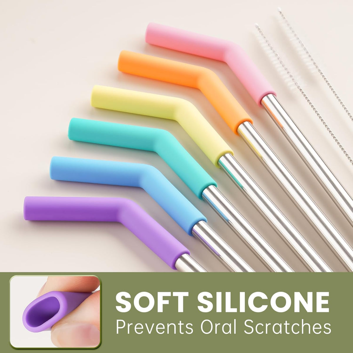 Tomorotec 6-Pack Stainless Steel Reusable Straw with Silicone Tip 3 Sizes, Metal Drinking Straws Fit for Stanley Quencher Tumblers 40oz, 30oz, 20oz, 14oz, Cleaning Brushes Included (Rainbow)