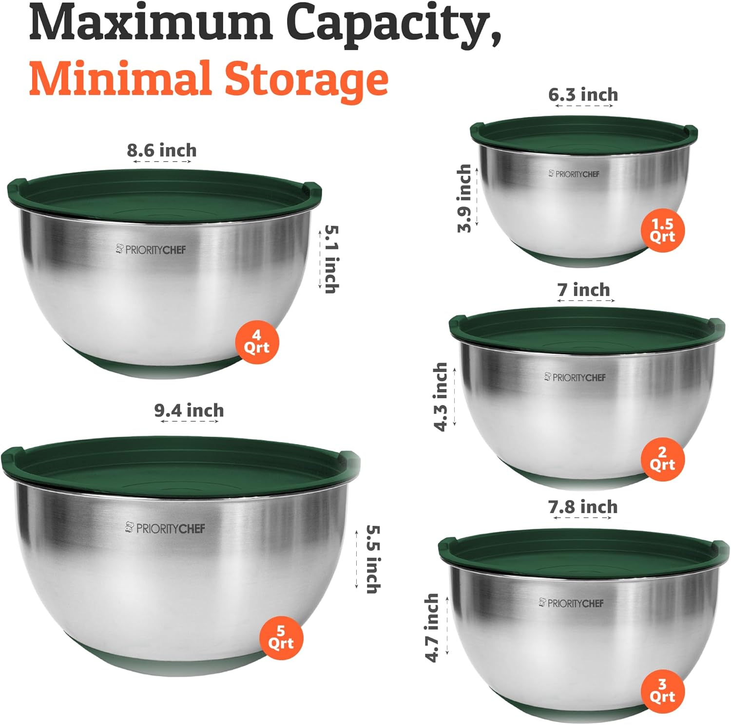 Priority Chef Premium Mixing Bowls With Airtight Lids Set, Thicker Stainless Steel Mixing Bowl Set, Large Prep Metal Bowls