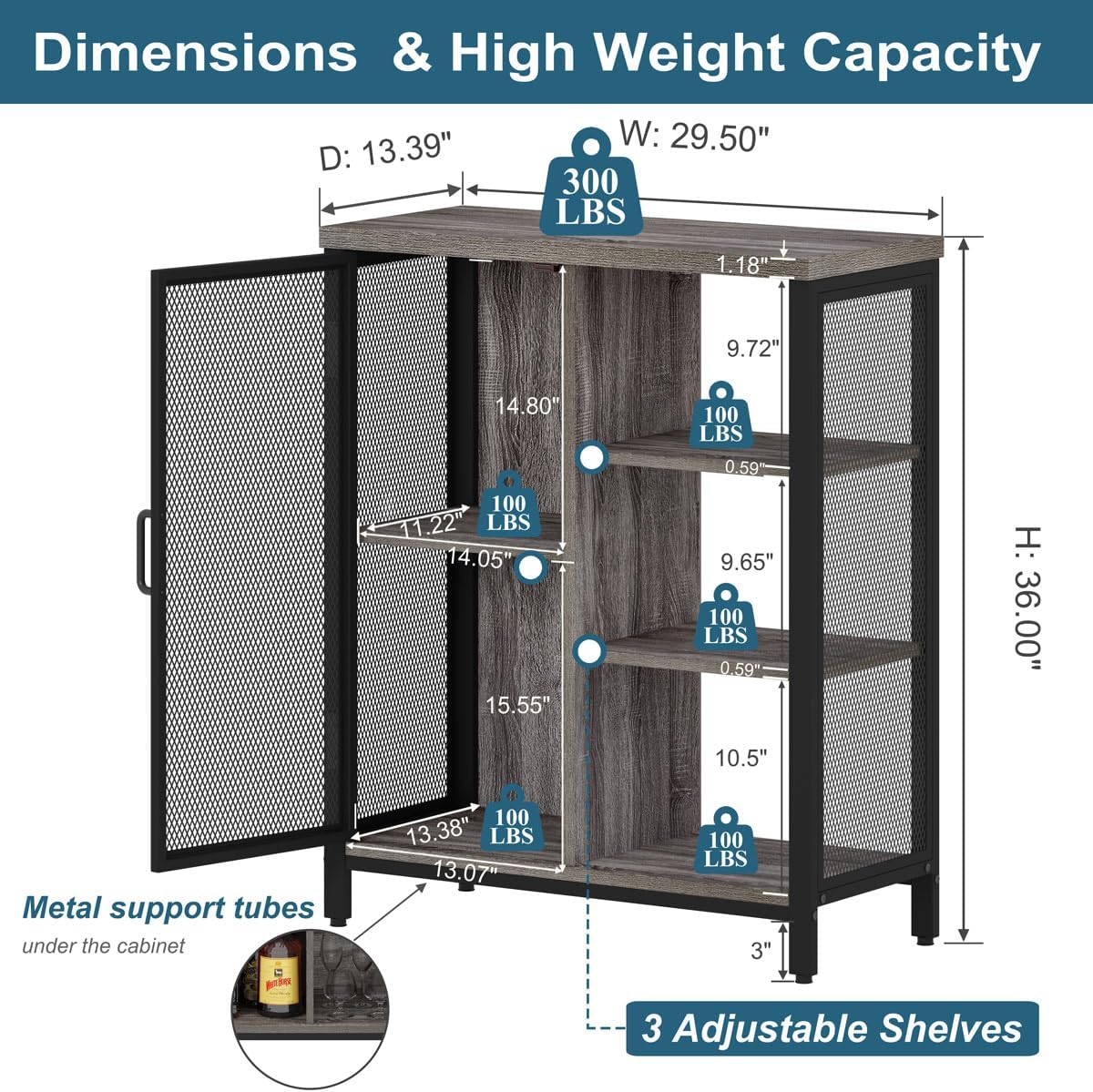 BON AUGURE Liquor Cabinet Bar for Home, Coffee Storage Cabinet | Adjustable Shelves, Small Wood Sideboard Buffet Station Cabinets with Door, for Kitchen/ Dining/ Entryway, Dark Grey Oak, 36"