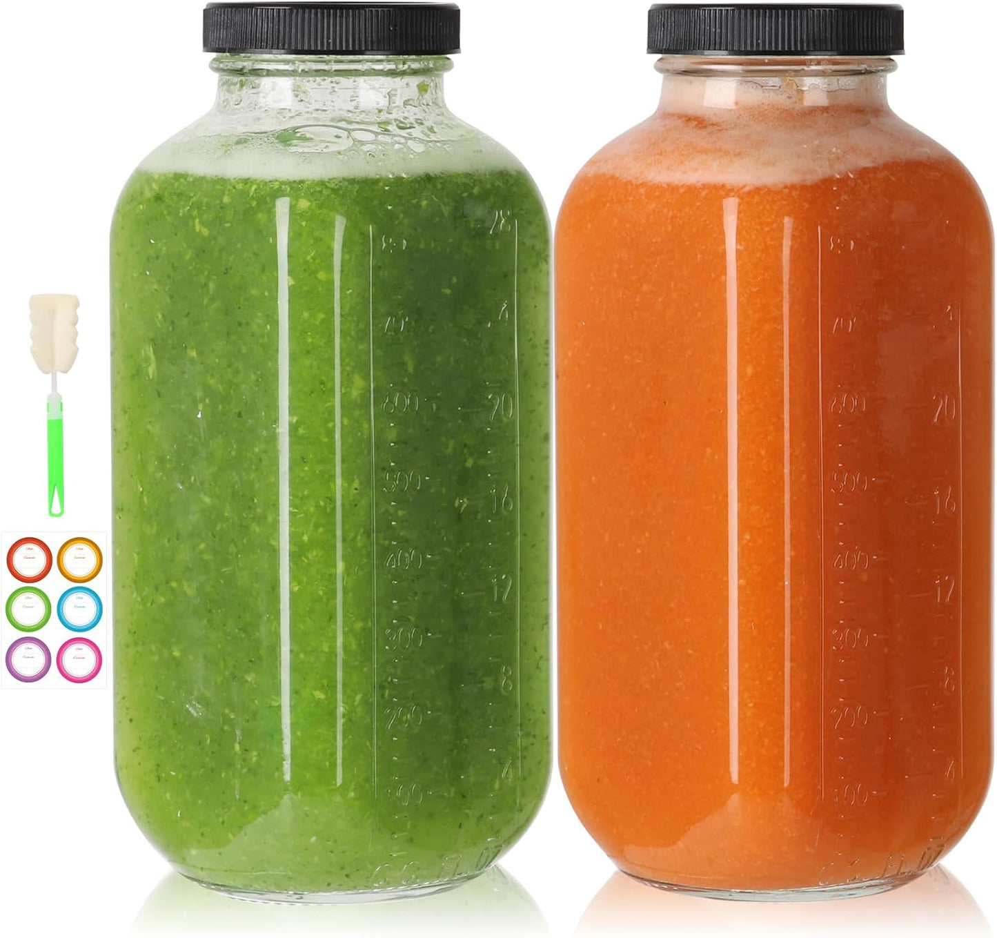 32 oz Glass Juice Bottles with Lids 2 Pack,Reusable Glass Drink Bottles,1000ml Water Drinking Jars f