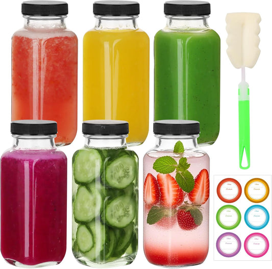 BIGIVACA 8 oz Glass Juice Bottles with Lids,6 PACK Bottles for Juicing,Square Drinking Jars Glass for Coffee,Cola,Milk,Tea