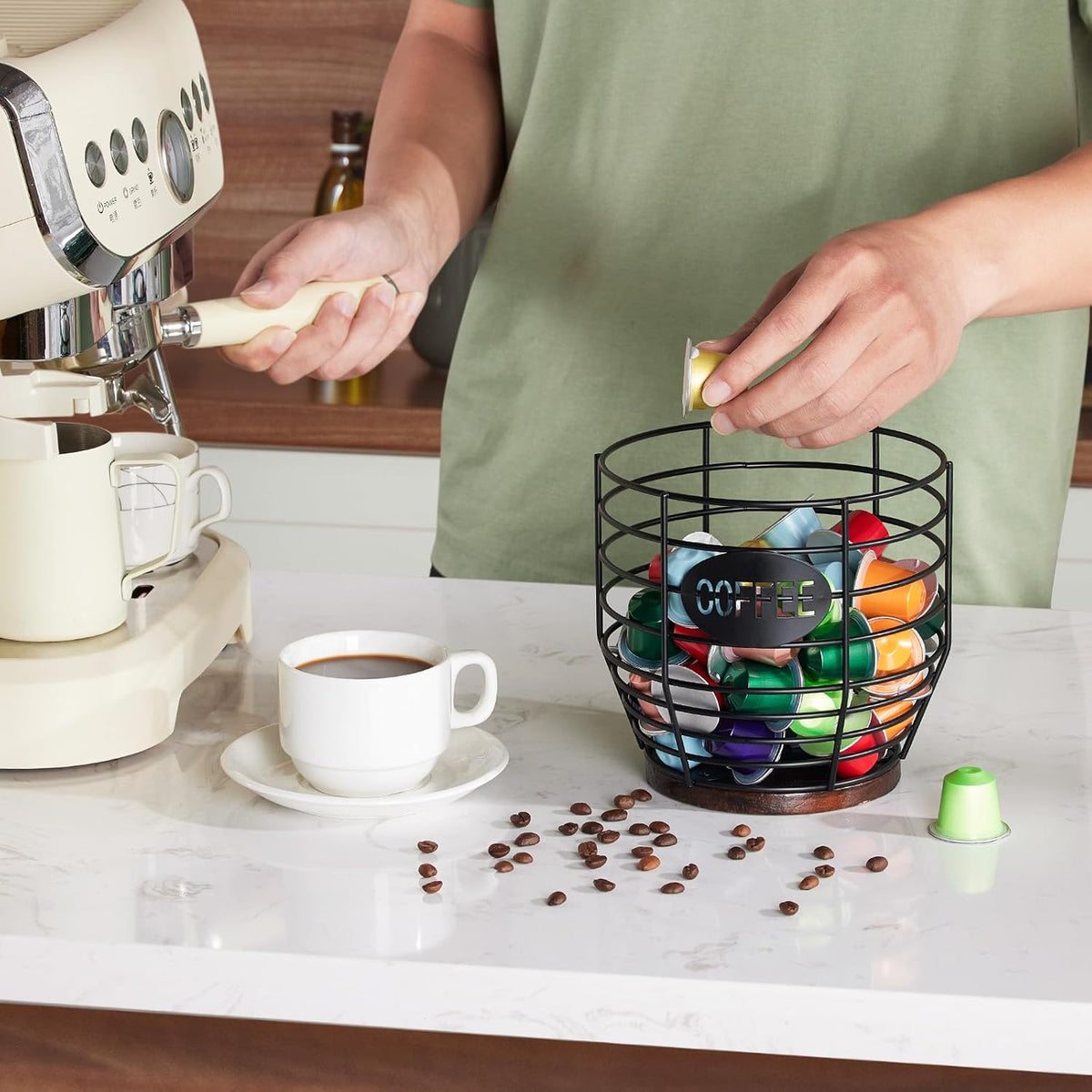 Yangbaga Large Coffee Pod Holder: Black Wire K-Cup Holder with Wood Base | 3L Large Capacity-Stainless Steel Basket Bar Decor-Multi-Purpose Storage-Easy Clean- Fit for Coffee Bar/Pod/Capsule/Station