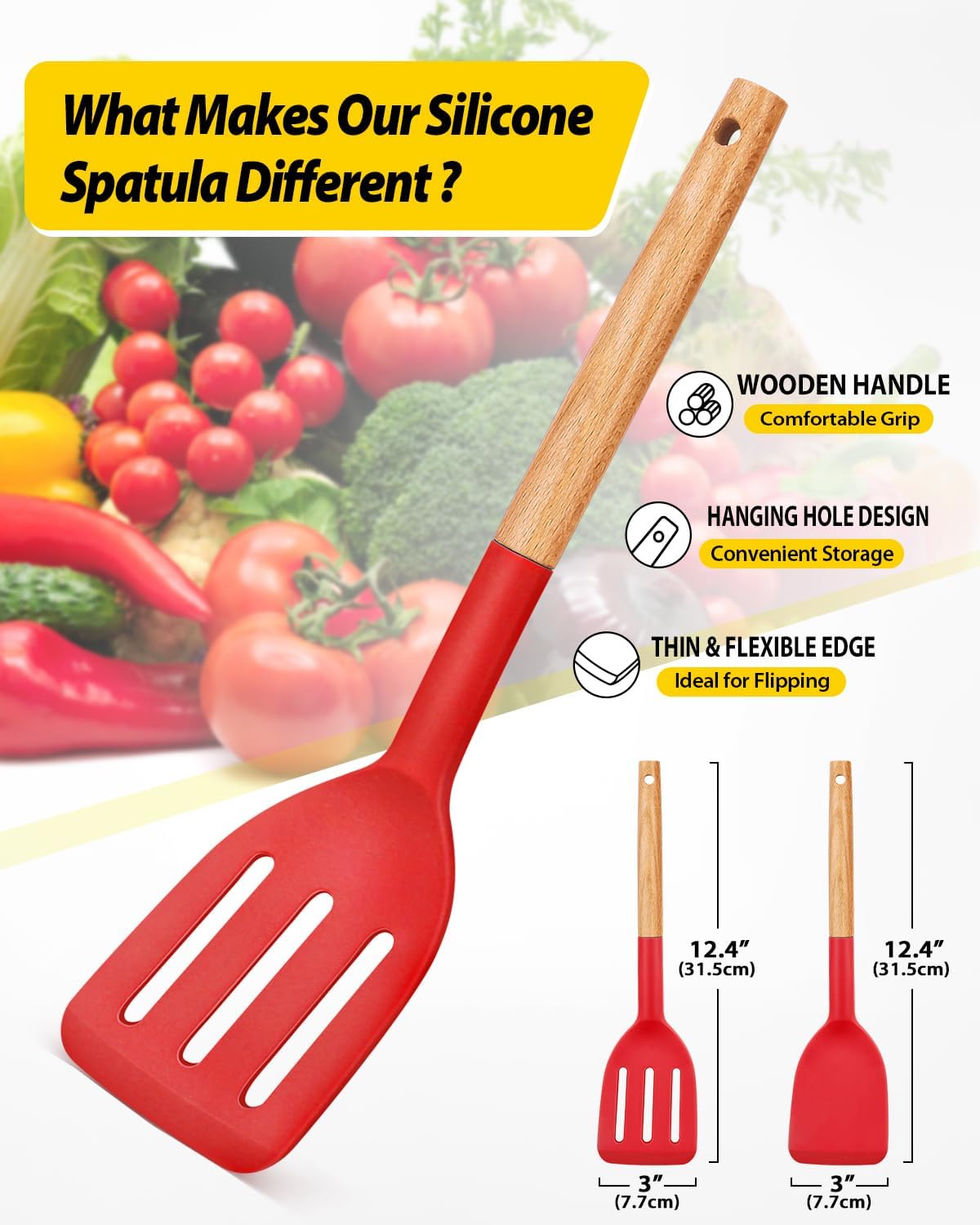 BUNDLEPRO Silicone Spatula, Solid &amp; Slotted Turner, BPA-Free, 2 Pack, Red
