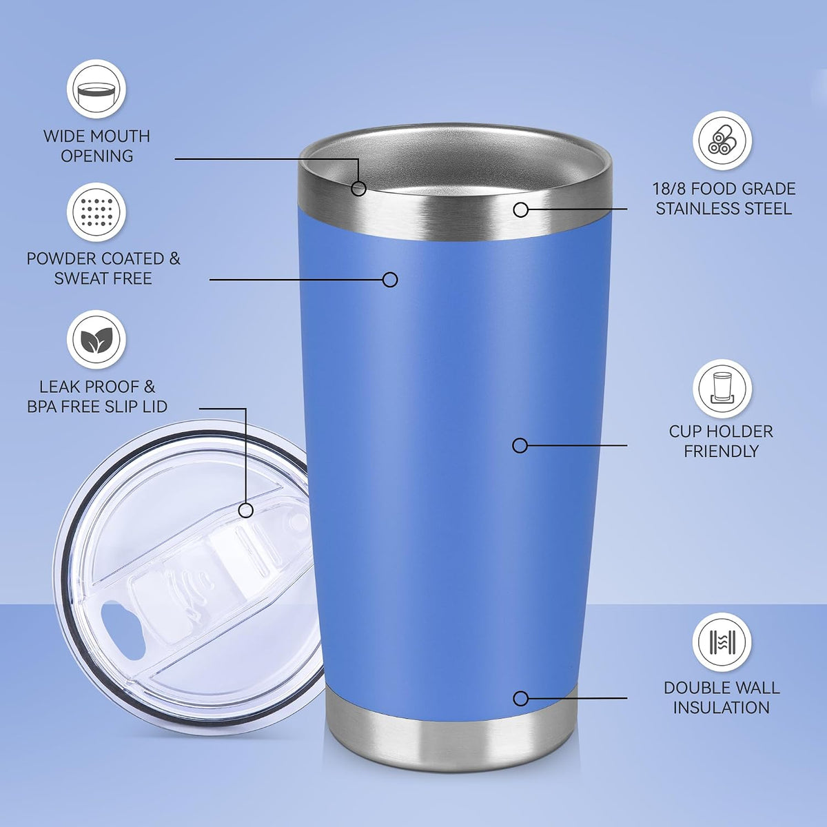 20 oz Tumbler Stainless Steel Tumblers Bulk with Lid Double Wall Insulated Coffee Tumbler Cups for Hot &amp; Cold Drinks Powder Coated Travel Coffee Tumbler Mug Metal (Azure, 1 pack)