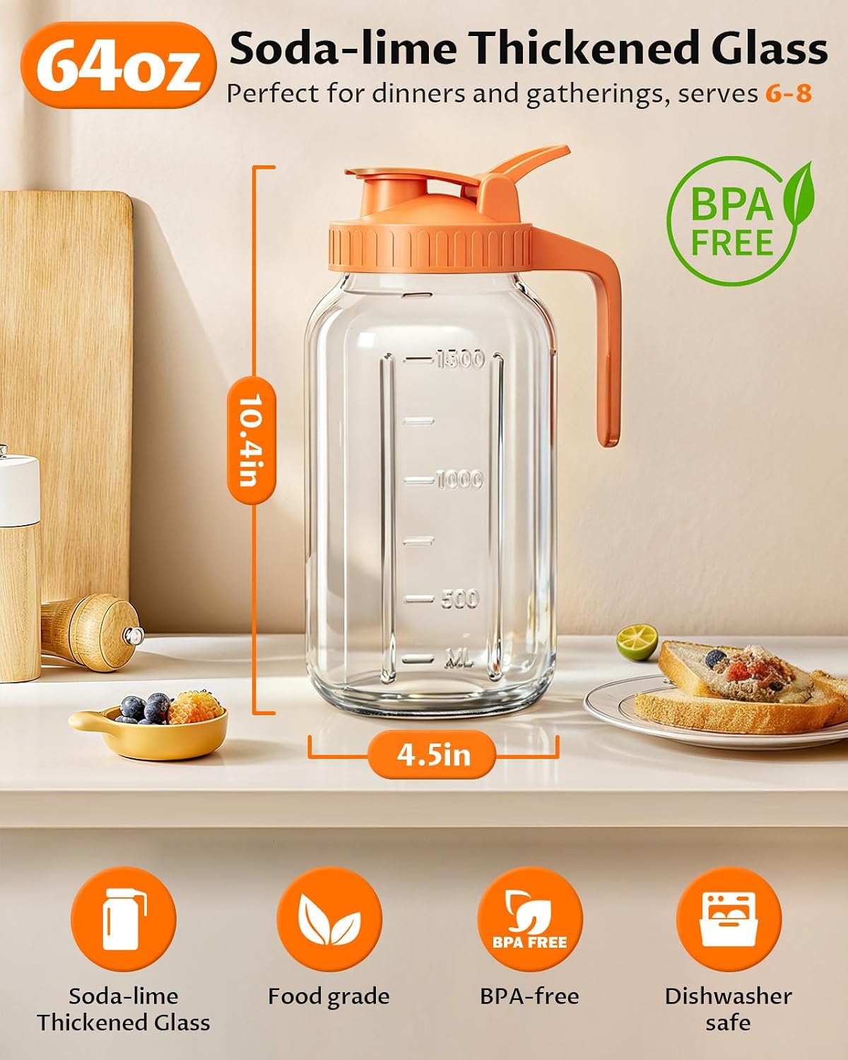 64oz (2quart) Mason Jar Pitcher, Glass Pitcher with Lid for Tea &amp; Cold Brew | BPA Free, Leakproof, Fridge/ Dishwasher safe, Ergonomic handle, Flip-cap pour spout, Wide mouth, Versatile
