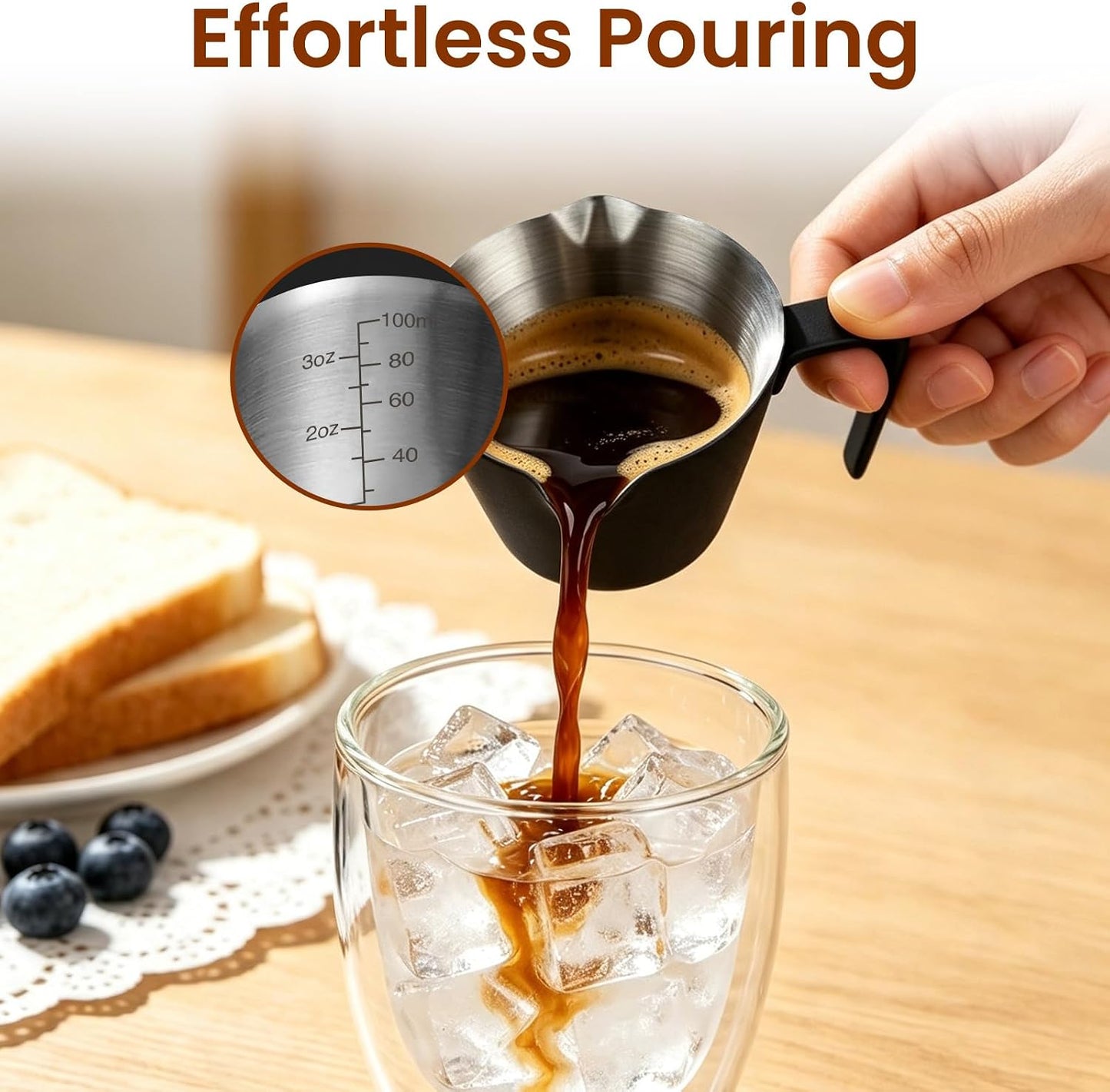 2 Pc Stainless Steel Espresso Shot Cups, 3.4oz/100ml, Black | Double Spout Measuring Cups with Handle, V-Shaped Mouth, Ideal for Espresso Brewing and Coffee Making