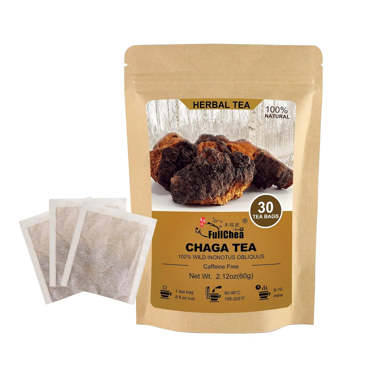 FullChea - Chaga Tea Bags, 30 Count, Chaga Mushroom Tea | Naturally earthy mushroom infusion, caffeine-free, rich in antioxidants and supports digestive comfort