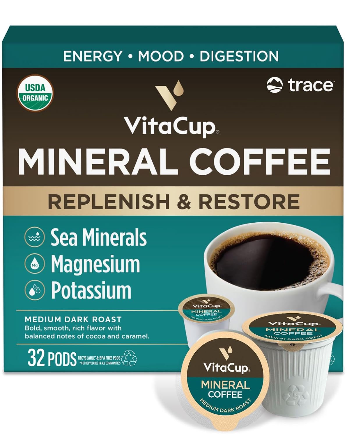 VitaCup Mineral Medium Dark Roast Coffee Pods with Electrolytes, 32ct | Sea Minerals