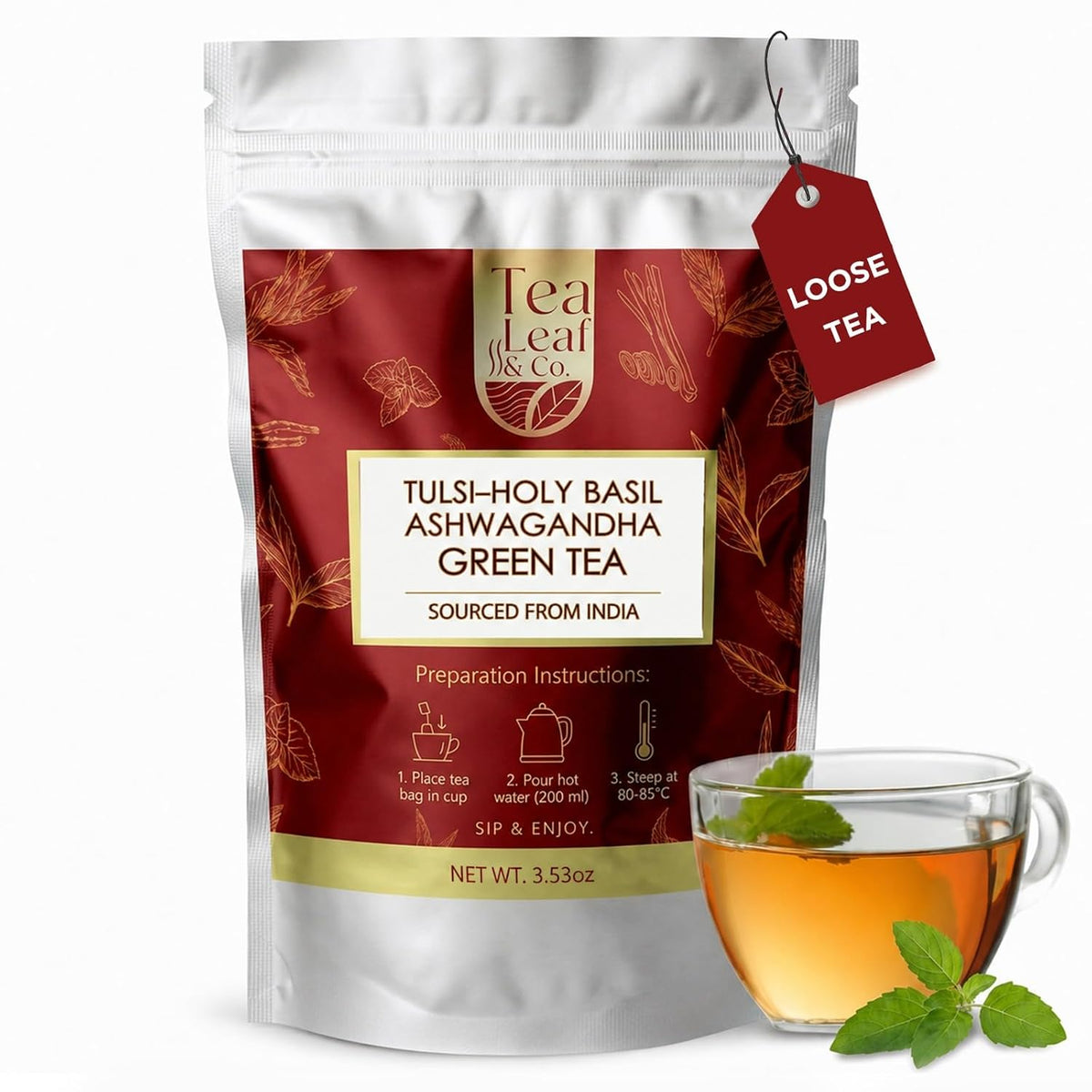 Tulsi Ashwagandha Green Tea Loose Leaf 100gm/3.5oz, Makes Upto 50 Servings