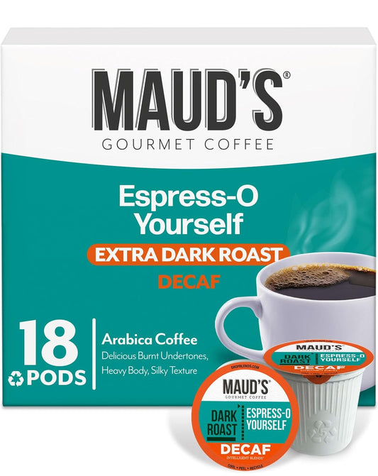Maud's Decaf Espresso Roast Coffee Pods, 18 ct, Decaffeinated Dark Roast Recyclable Single Serve Pods – 100% Arabica Coffee,