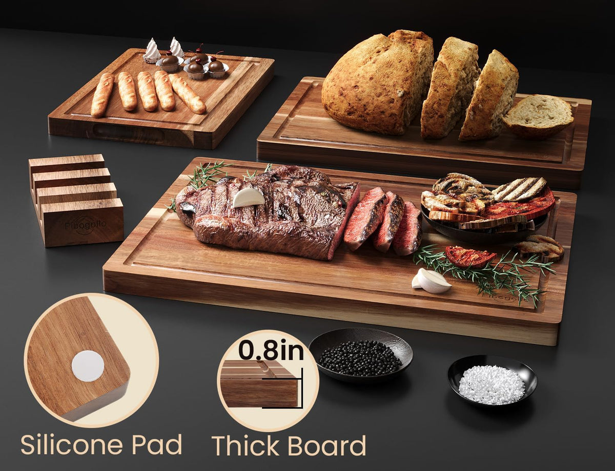 Fibogollo Set of 3 Large Acacia Wood Kitchen Cutting Boards with Holder