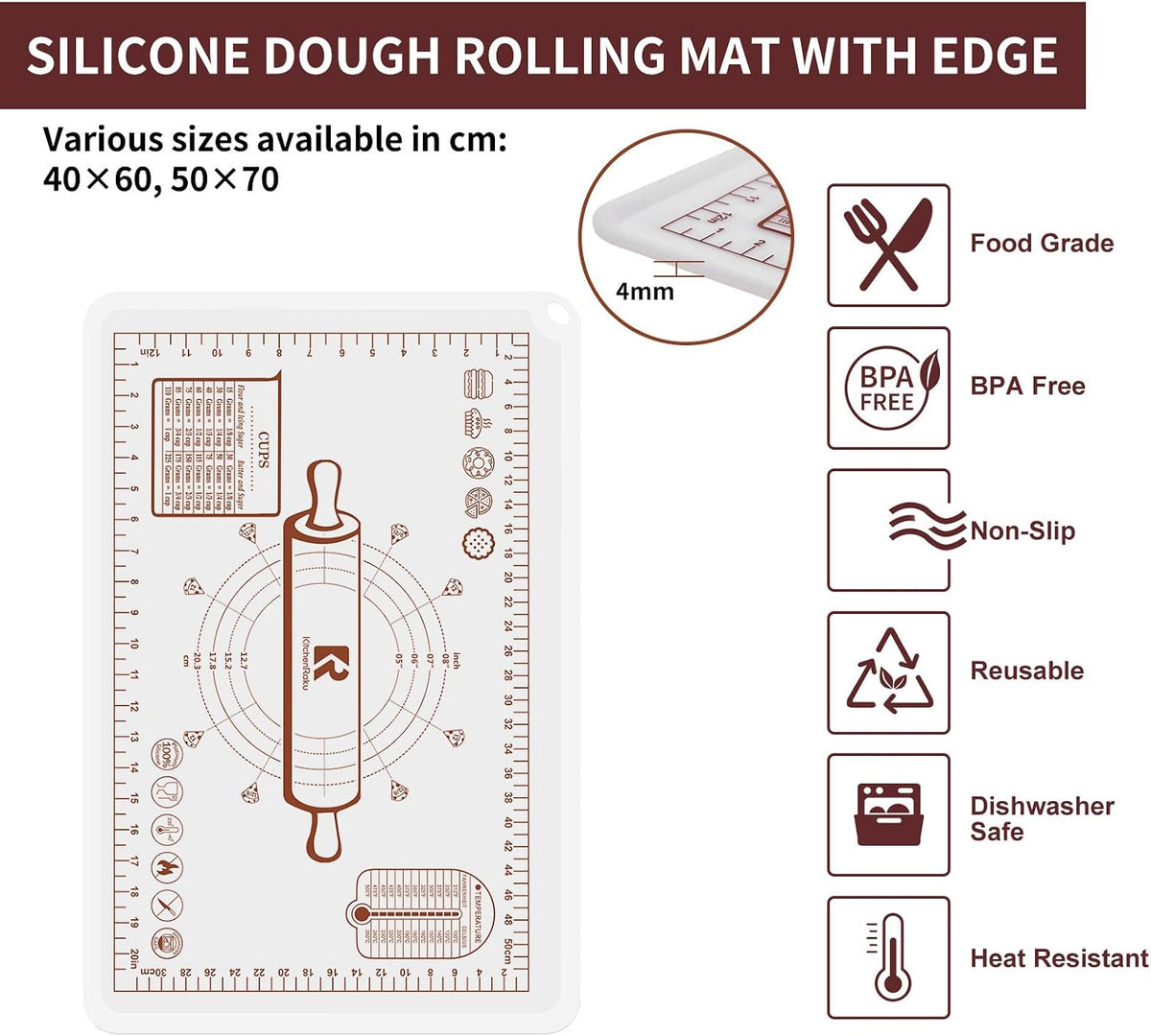 Silicone Baking Mat 16"L x 24"W, Extra Thick Dough Rolling Pad with Measurements and Edge Heightening, Non-stick Food Grade Silicone Pastry Mat for Pastry, Bread, Cookies (Transparent)