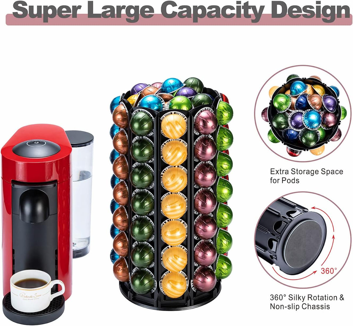 FlagShip Vertuo Pod Carousel Holder 100+ Pods Capacity Black Sturdy Metal | Maximize Save Space Heavy Duty 360° Silent Rolling Large Capacity for Nespresso Pod Organizer Fits All Size Vertuo Pod