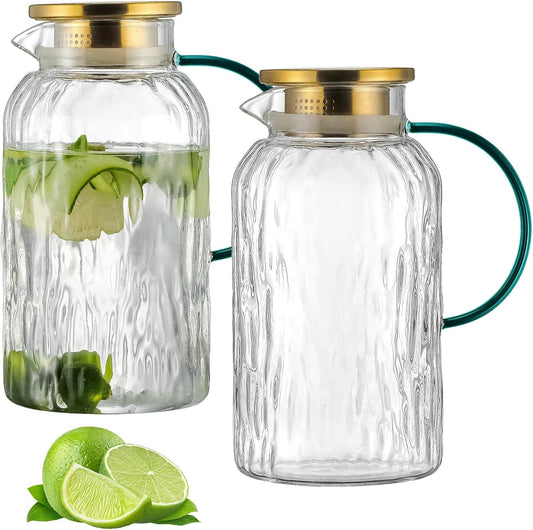 2 PACK Glass Pitcher with Lid and Spout, 68 oz/2 Liter Water Pitcher for Fridge, Clear Borosilicate Glass Water Carafe for
