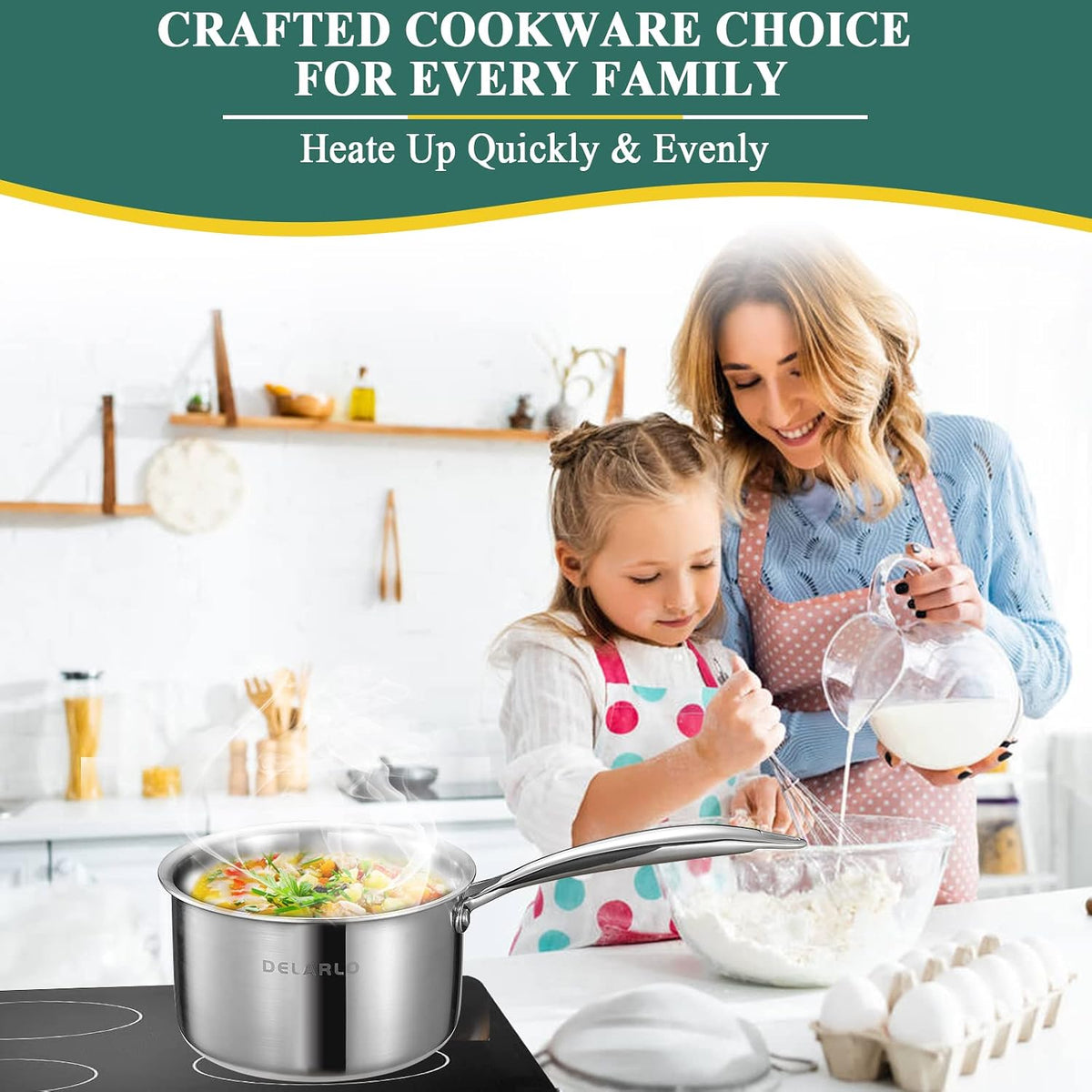 DELALRO Tri-Ply Stainless Steel 2.5 QT Saucepan with Lid, Heavy Duty Induction Pot, Fast Even Heat, Fuel Saving, Induction Cookware, Kitchen and Dining Steel Saucepan