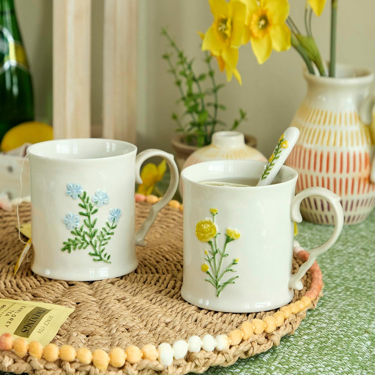 2 Pack Floral Ceramic Coffee Mugs - Yellow and Blue Flowers, Hand-Painted, Microwave &amp; Dishwasher Safe, Ideal for Cappuccino, Tea, Hot Chocolate