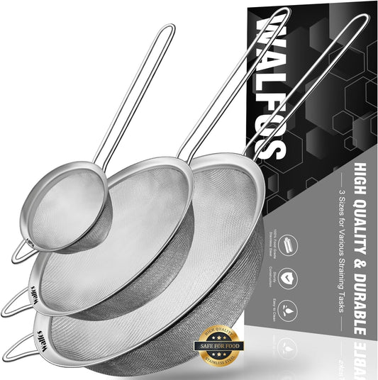 Walfos Fine Mesh Strainers Set, Premium Stainless Steel Colanders and Sifters, with Reinforced Frame Sturdy Handle, Perfect