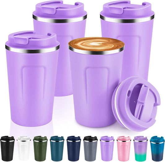 Volhoply 12 oz Double Wall Insulated Vacuum Travel Coffee Mug with Flip Lid Bulk 4 Pack,Reusable Stainless Steel Leak Proof