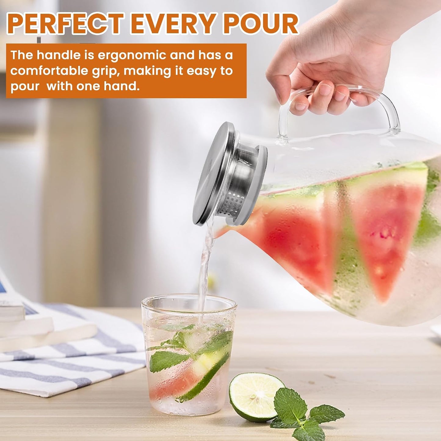SUSTEAS 3 Litre 101oz Glass Pitcher with Lid and Spout, Handmade Pitcher | Glass Carafe for Cold/Hot Drink, Water Pitchers for Fridge, Large Water Jug for Iced Tea, Juice, Coffee, Homemade Beverage