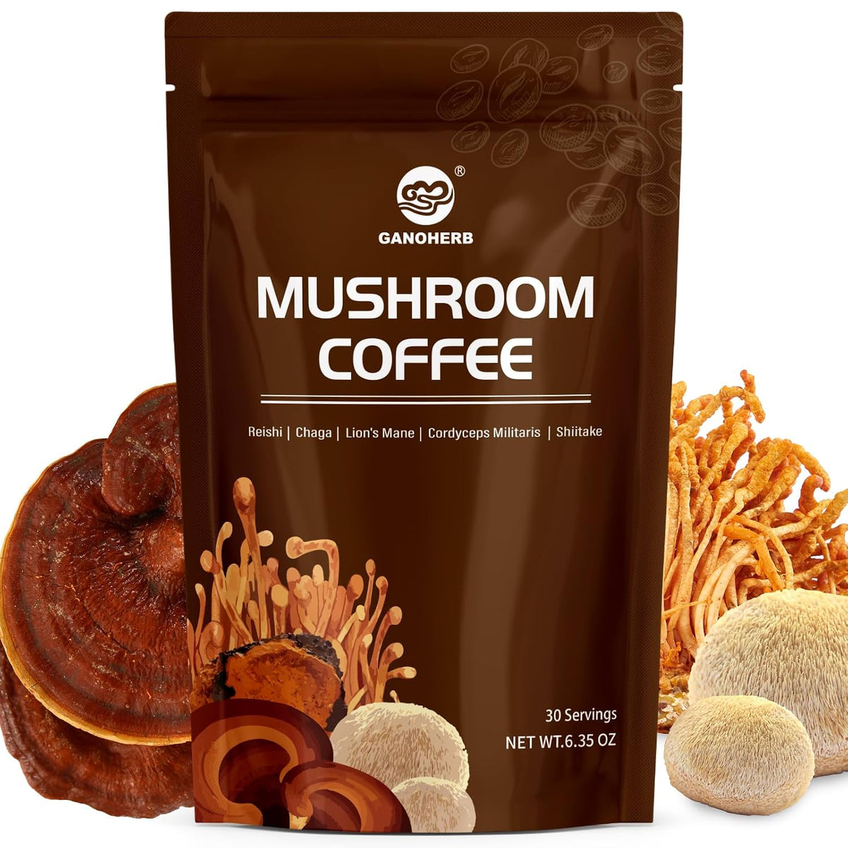 GANOHERB Instant Mushroom Coffee Powder, Arabica Coffee Mix with 5 Adaptogen Mushrooms, Lions Mane, Reishi, Chaga, Cordyceps, Shiitake and MCT Oil for Energy and Focus, 6.35oz, 30 Servings