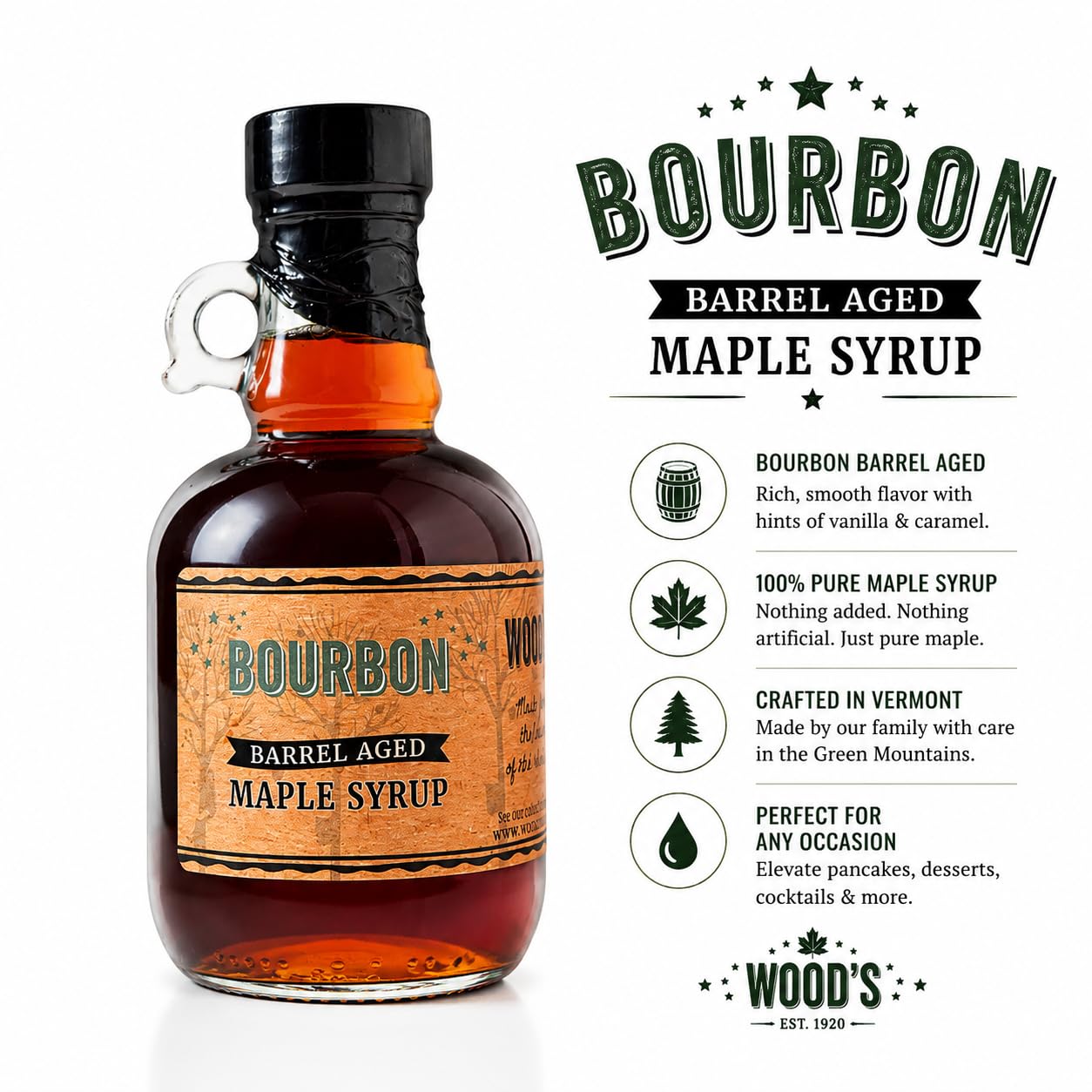 Wood's Vermont Bourbon Barrel Aged Maple Syrup – 100% Pure Grade A Dark Robust Maple Syrup, Small Batch Vermont Made, Oak Barrel Finished, Natural Sweetener for Pancakes, Cocktails, Coffee &amp; Baking, 8.45 oz