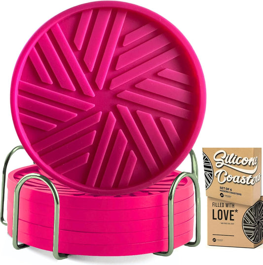 Silicone Coasters with Holder - 6 Pack - Absorbent Table Coasters for Drinks - Home Decor Coffee Table - with Stylish Groove