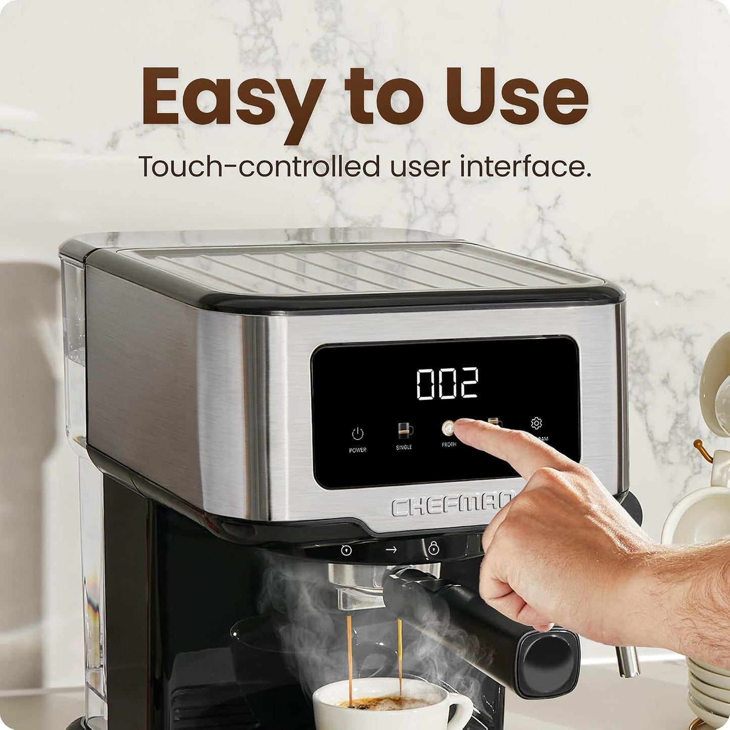 Chefman CraftBrew Espresso Machine, 15-Bar Pump Digital Espresso Maker w/Steam Wand for Latte &amp; Cappuccino, Compact Espresso Coffee Machine w/ 1.5L Removable Water Reservoir - Stainless Steel