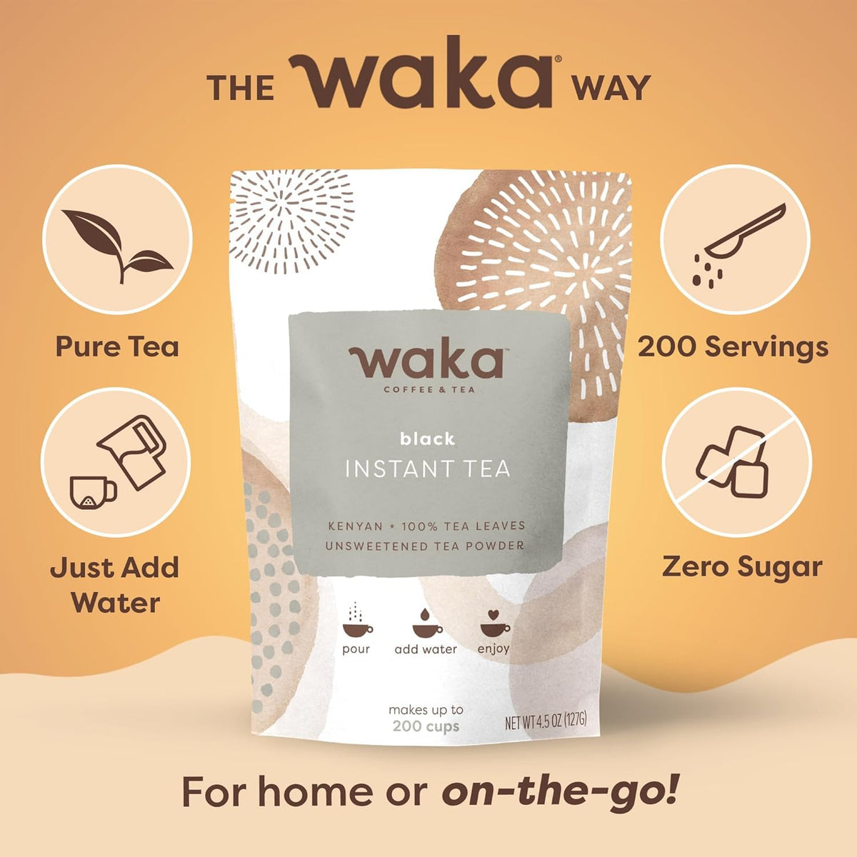 Waka Instant Black Tea Mix, Kenyan - 100% Tea Leaves, No Additives, Unsweetened Tea Powder for 50 Quarts or 200 Cups – Easy and Quick Hot or Iced Teas (4.5oz) | 100% Single-Origin Kenyan Tea Leaves, Unsweetened Concentrated Black Tea Powder, Makes up to 2