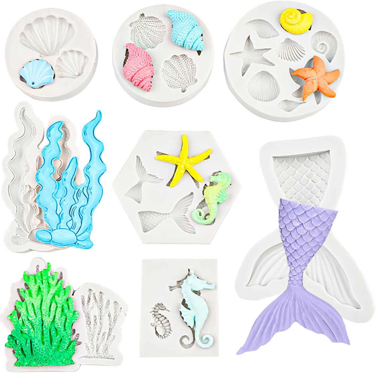 Ocean Chocolate Fondant Mold Set Food-Grade Silicone Baking Molds with Shell, Starfish, Seashell Beach Life Phrases, Reusable for Under the Sea Cakes, Cupcakes &amp; Party Treats - 8 Pack