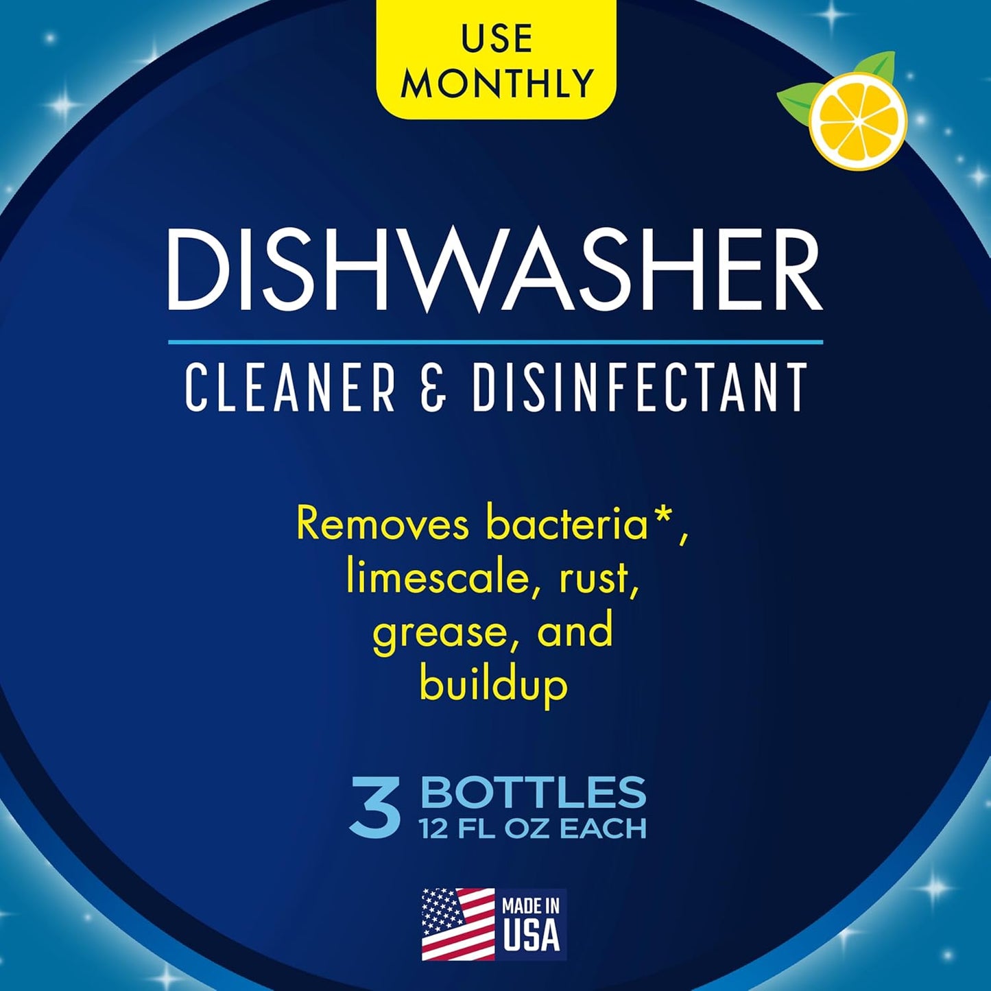 Glisten Dishwasher Cleaner – Removes Limescale, Rust & Grease, Lemon Scent, Made in USA, 12 oz, 3-Pack