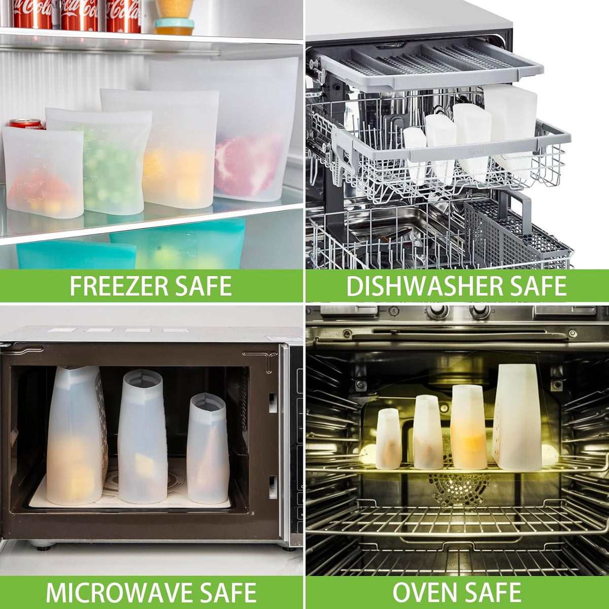 Reusable Storage Bag, 8 Pack 100% Silicone Food Storage Bags Stand Up Zip Lock Bags for Food, Freezer Microwave Oven Dishwasher Safe, 2 X-Large(0.8 Gallon) 2 Medium 2 Small 2 X-Small, Translucent
