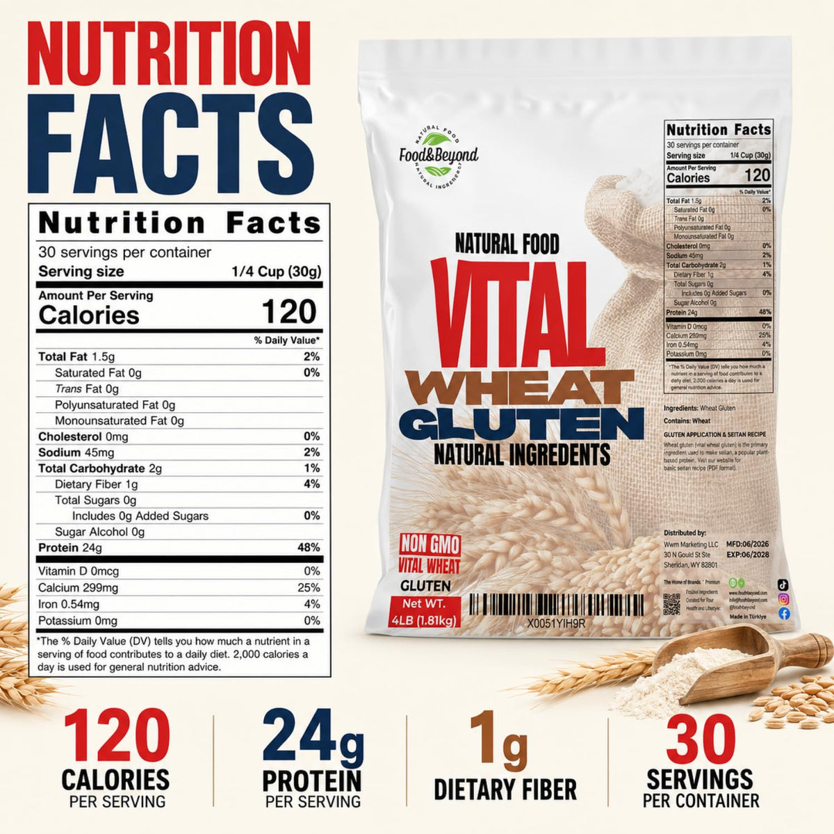 Food &amp; Beyond Vital Wheat Gluten 4 lb | High-Protein Natural Wheat Flour | Premium Quality for Baking, Bread, Pizza Dough &amp; Seitan Recipes
