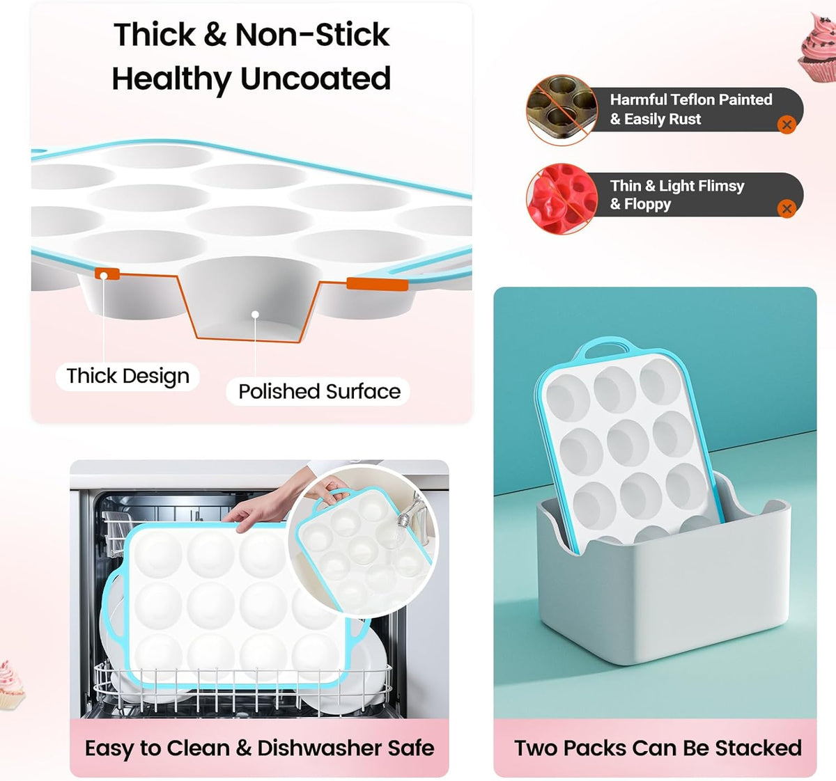 Silicone Muffin Pans for Baking 2 Pack, 2.6 Inch with Metal Reinforced Frame, Regular Size Nonstick Cupcake Pan 12 Cups for Baking Homemade Muffins, Dishwasher Safe BPA Free-Blue