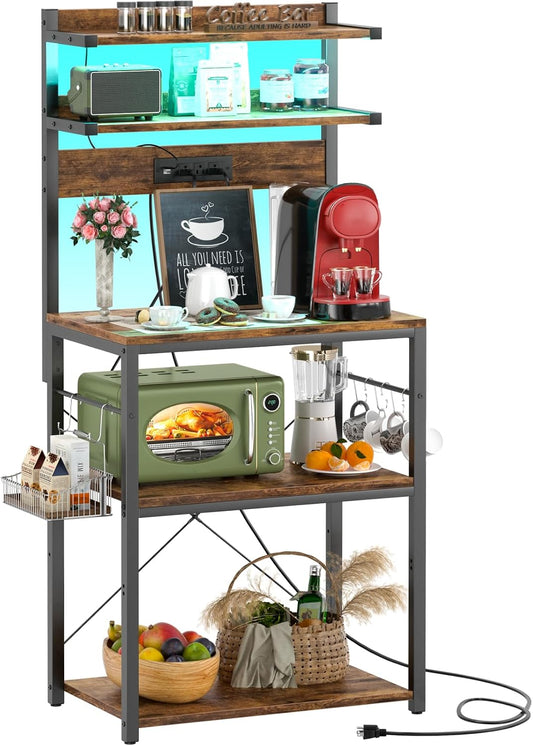 Aheaplus Bakers Rack with Power Outlet &amp; RGB LED,5-Tiers Coffee Bar Table