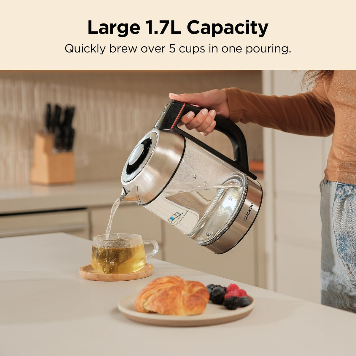 CUCKOO 1.7L Glass Electric Kettle with Tea Infuser, CK-G170BS | Multi-Temperature Control, Color LED Indicators, Easy-to-Read Lights