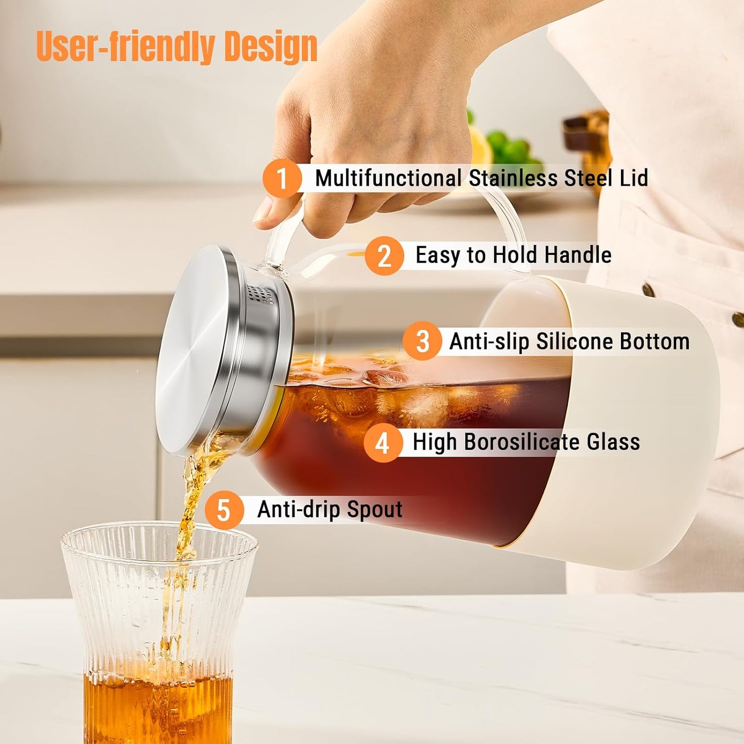 PARACITY Glass Pitcher with Lid, 61 oz Glass Water Pitcher, Off-White Base | Glass carafe with lid; silicone base for hot or cold coffee, lemonade and milk, serves as a juice pitcher or water jug