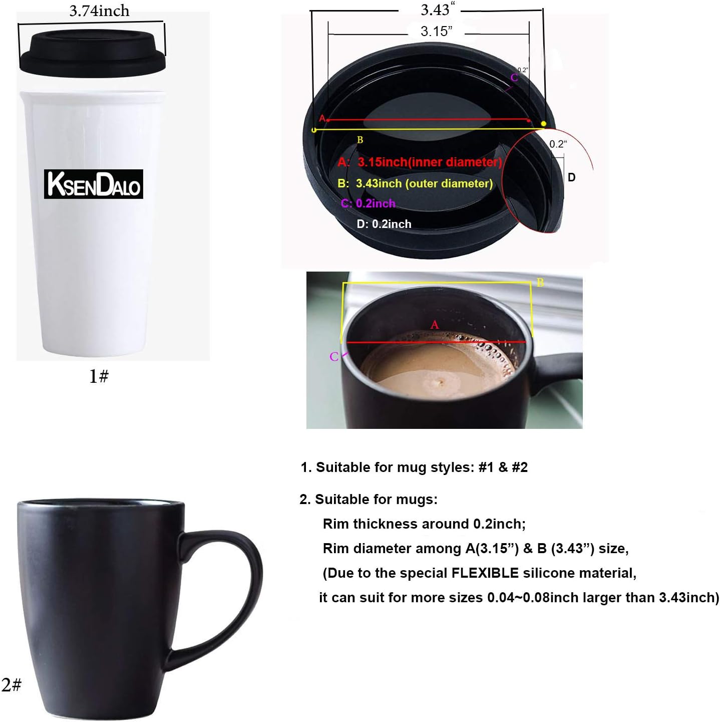 Coffee Mug Lids(3.15"Inner Diameter,3.43"Outer Diameter), KSENDALO Thicker Eco Reusable Silicone Travel Mug Lids, Silicone Cup Cover Set,Black(5pcs)