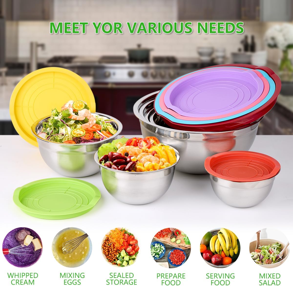 Leidawn Mixing Bowls with Lids Set, 25 PCS Colorful Mixing Bowl for Kitchen | Stainless Steel Nesting Bowls for Baking, Mixing, Serving &amp; Prepping, Size 5, 3.7, 2.8, 2.3, 1.7, 1.1, 0.7QT, 11 Utensils