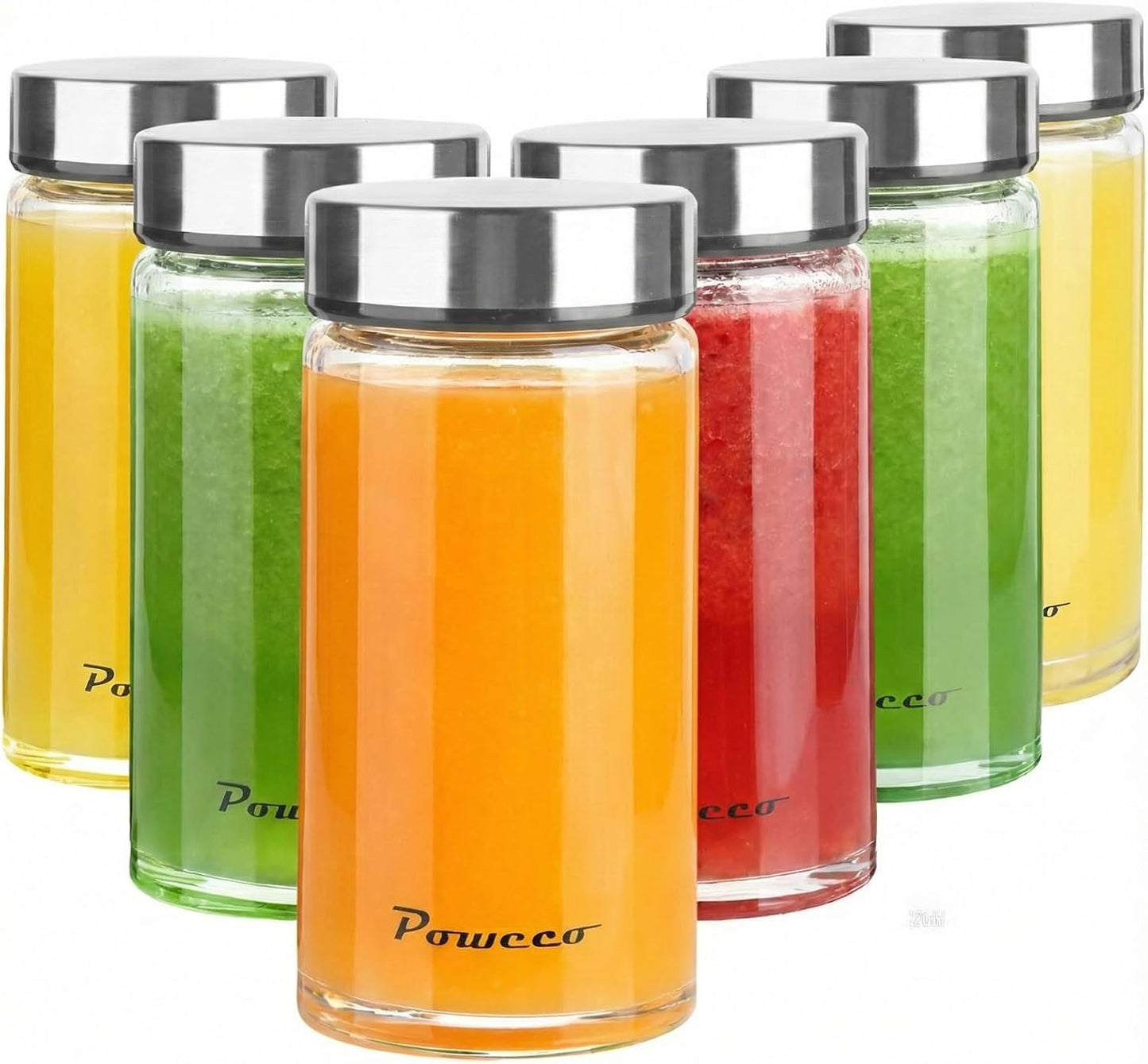 Glass Juice Bottles 6 Pack 12 oz - Wide Mouth Glass Water Bottles with Lids - for Juicing, Protein, Smoothie, Milk, Reusable, BPA Free, Stainless Steel Lids, Blender, Shaker Bottle (400ml)