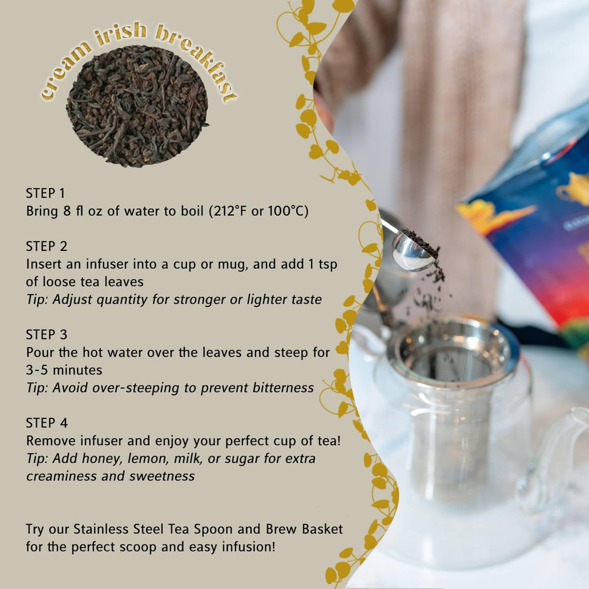 Cream Irish Breakfast Tea, Loose Leaf Black Tea – Irish Classic with Caramel &amp; Strong Assam – Robust, Full-Bodied – Drink Hot or Iced – 4 oz Resealable Bag (Makes 50 Cups) – The Elegant Elephant
