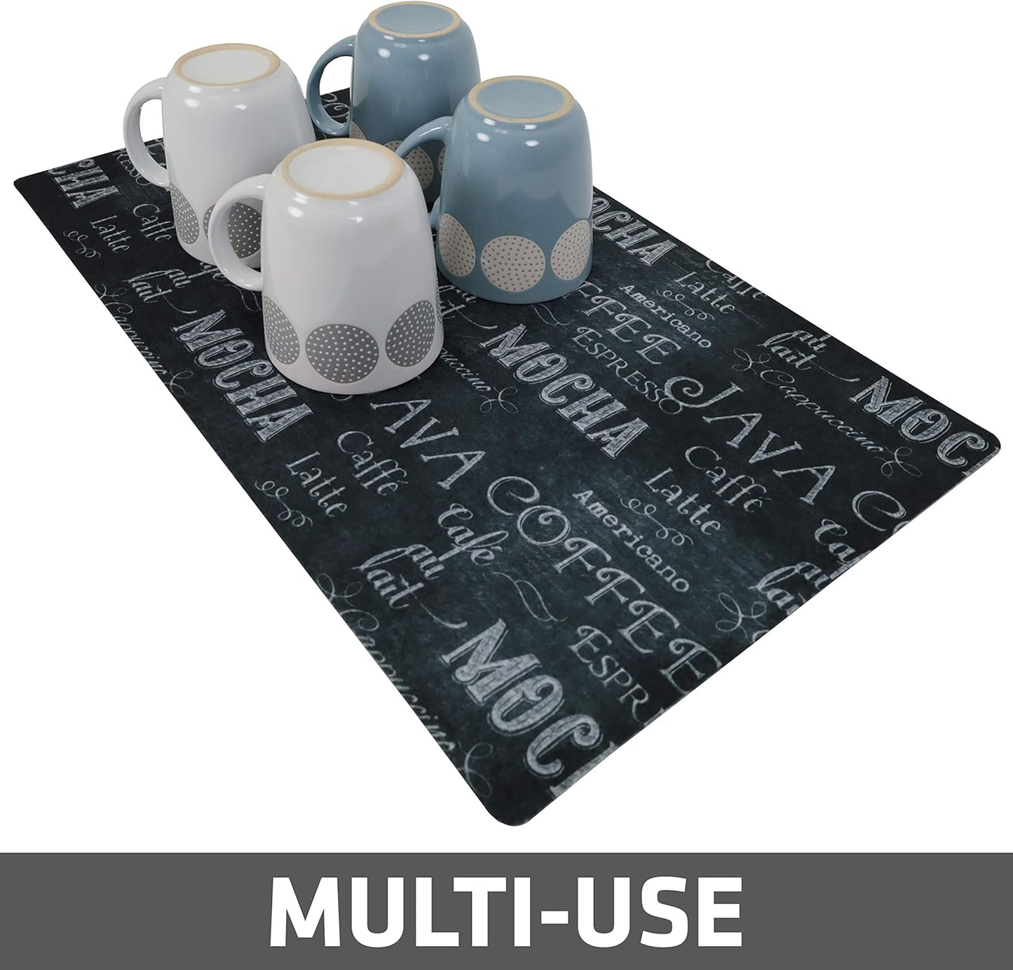 Drymate Coffee Maker Mat, (Coffee Station Bar Accessory) Protects Kitchen Countertops From Spills, Stains &amp; Scratches, Absorbent, Waterproof, Washable (USA Made) (12” x 20”) (Java Chalkboard)