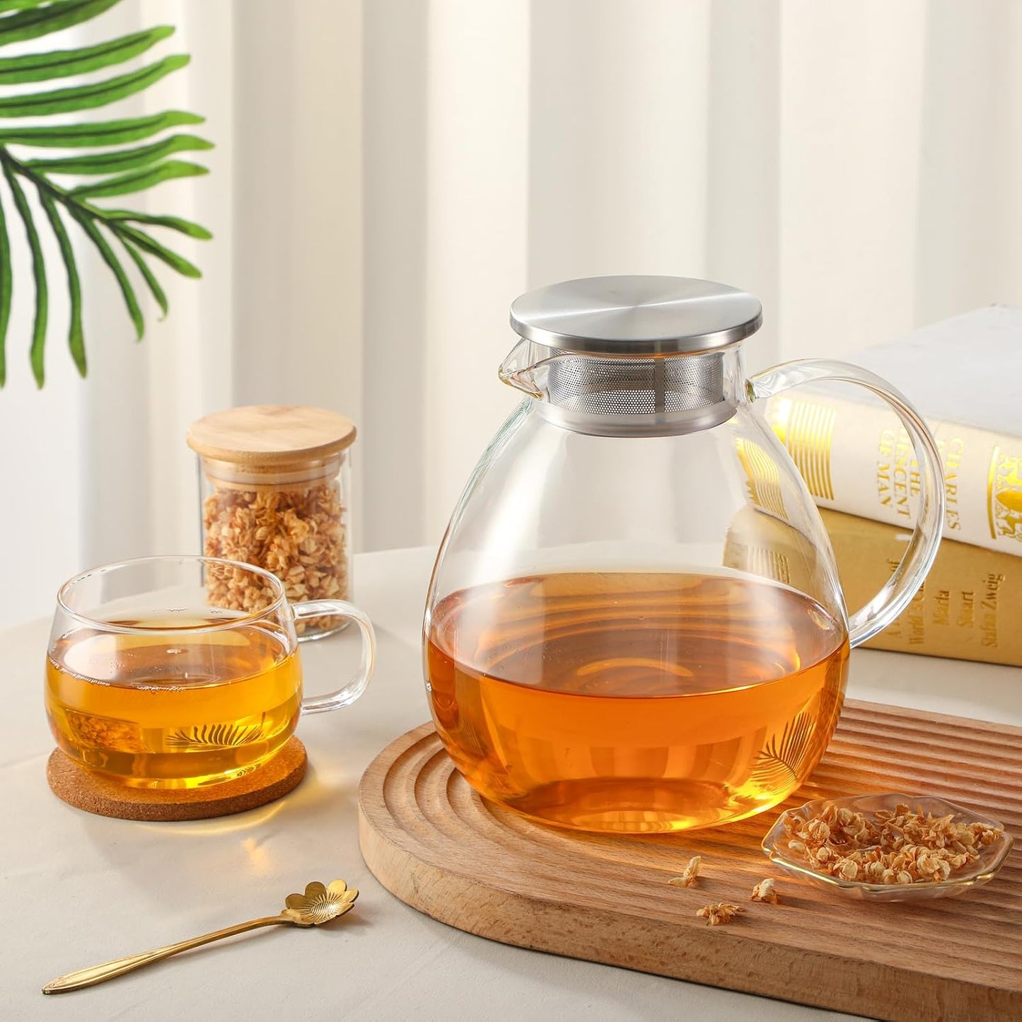 68OZ/2000ML One Touch Glass Teapot with Stainless Steel Filter Lid, Stovetop &amp; Microwave Safe Tea Maker Water Kettle, Strainer &amp; Cover 2 in 1 Loose Leaf Tea Steeper Pot Coffee Carafe