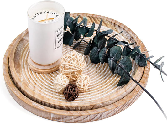 Rustic Wooden Serving Tray Set of 2 Round Wood Decorative Tray Centerpiece Dining Room Table Farmhouse Platter for Food,