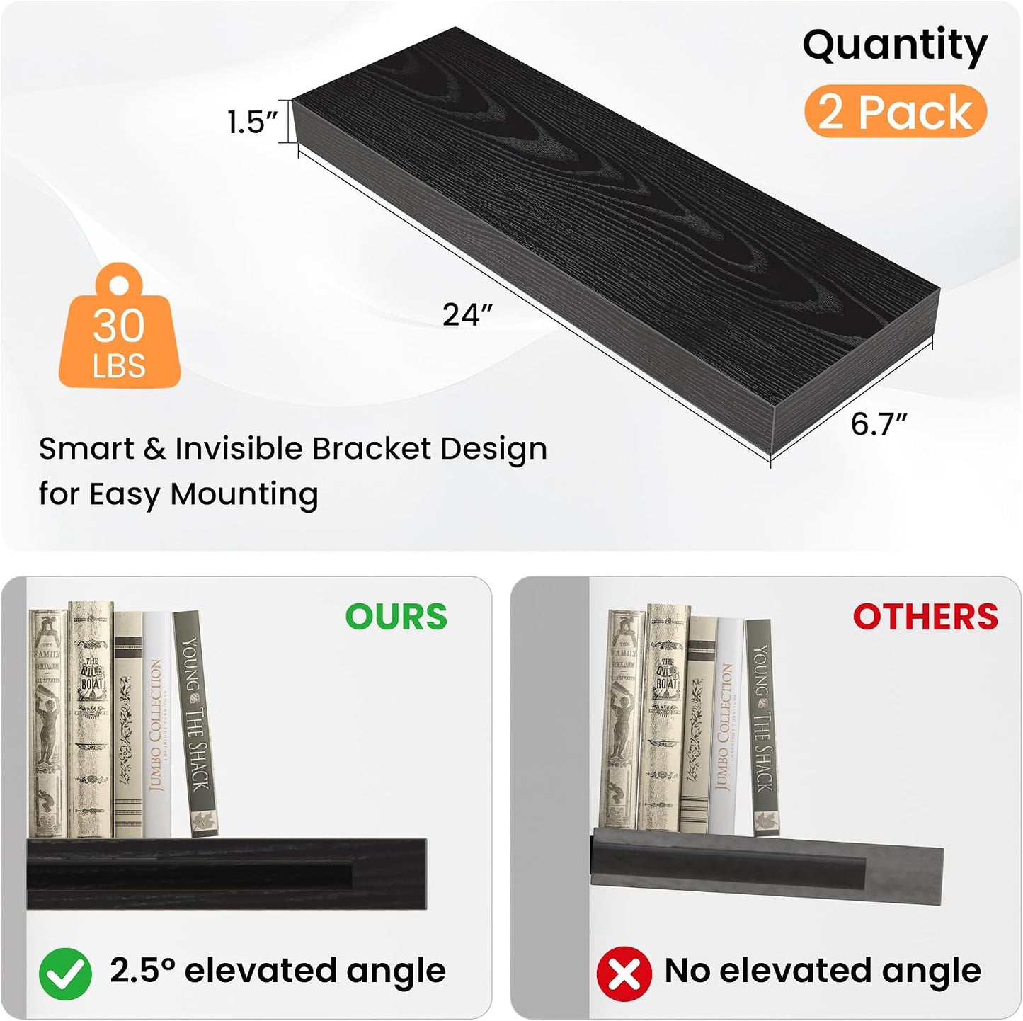24" Floating Shelves for Wall, Wooden Wall Mounted Shelf, Set of 2, Black