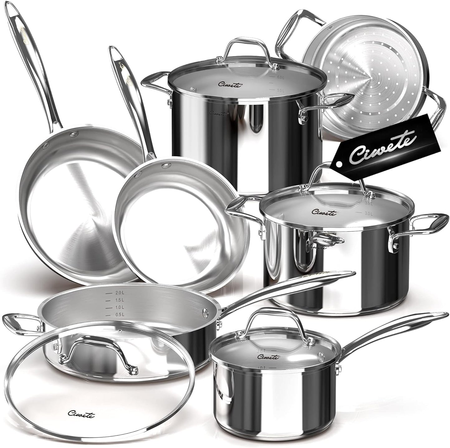 11-Piece Tri-Ply Stainless Steel Pots and Pans Set, 18/10 Stainless Steel Cookware Set with Steamer Insert, Induction Ki