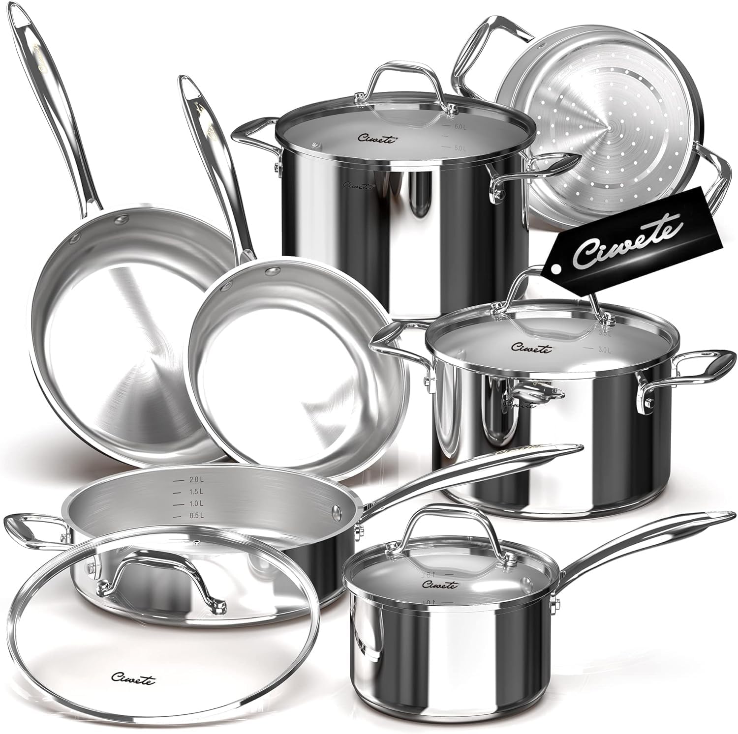 11-Piece Tri-Ply Stainless Steel Pots and Pans Set, 18/10 Stainless Steel Cookware Set with Steamer Insert, Induction Ki