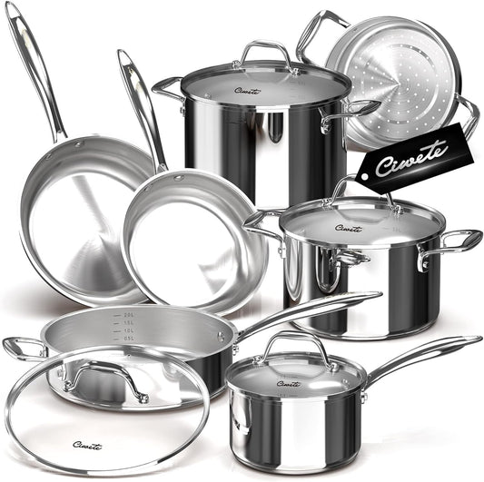 11-Piece Tri-Ply Stainless Steel Pots and Pans Set, 18/10 Stainless Steel Cookware Set with Steamer Insert, Induction Ki