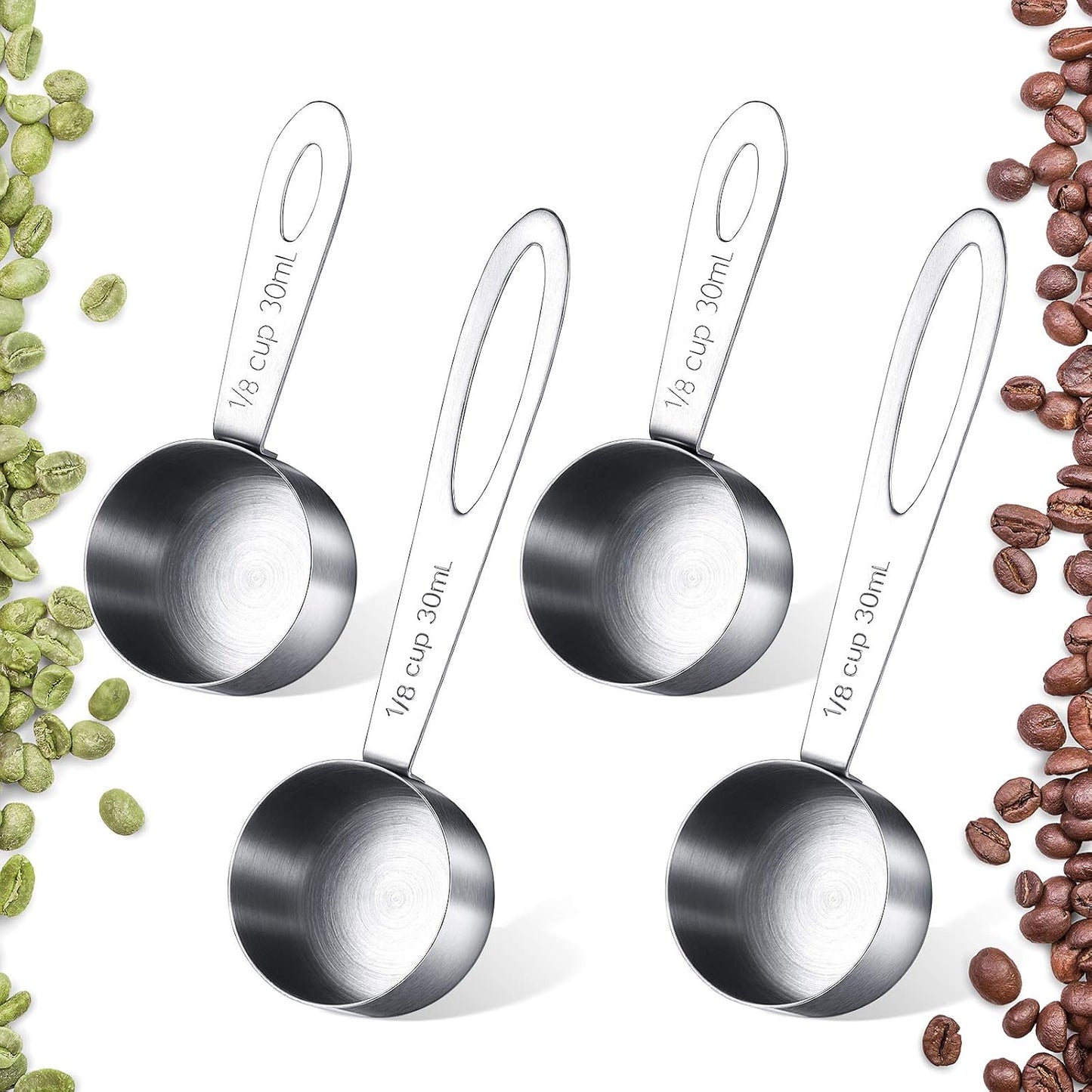 Geiserailie 4 Pcs Coffee Scoop 2 Tablespoon, Stainless Steel 30 ml | 2 Short 2 Long Handles for Tea Sugar Milk, Precise 1/8 Cup Measure, Durable Metal for Kitchen Coffee Bar
