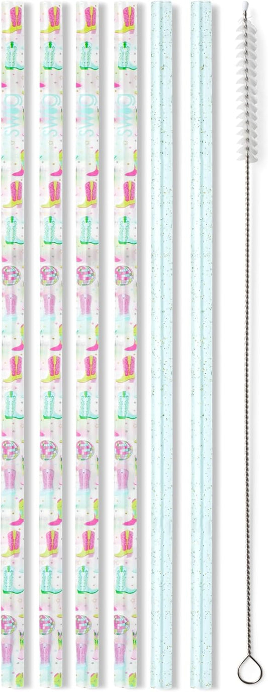 Swig Life Reusable Straws Disco Cowgirl + Aqua Glitter Tall Straw Set & Cleaning Brush, Each Straw is 10.25 inch Long (Fits