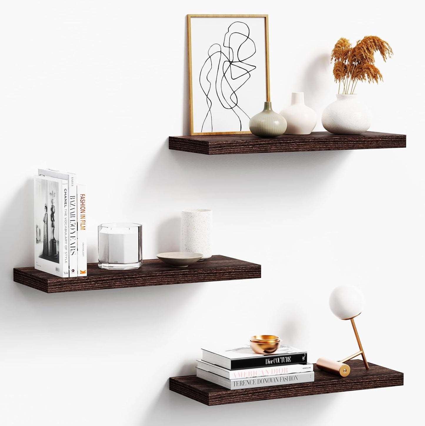 3 Pack Floating Shelves, 16in Brown Paulownia Wood, Rustic Style, Wall Mounted Storage Shelves for Kitchen, Living Room, Bedroom, Bathroom Decor, 75lbs Load Capacity